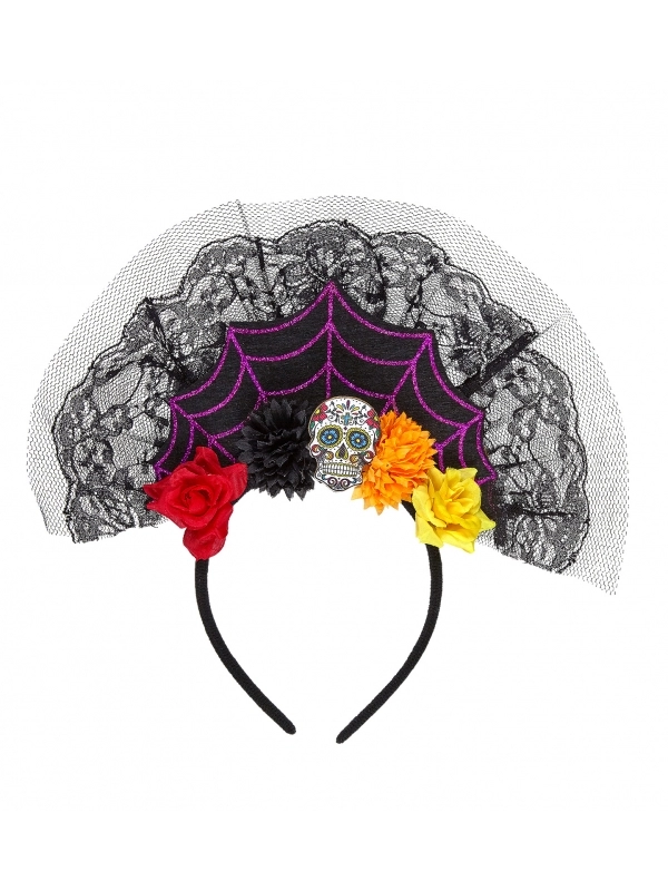 WIDMANN Coiffe Jour Des Morts Avec Dentelle Et Fleurs 4 WIDMANN Coiffe Jour Des Morts Avec Dentelle Et Fleurs – Image 2