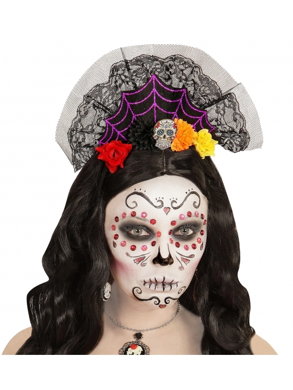 WIDMANN Coiffe Jour Des Morts Avec Dentelle Et Fleurs 3 WIDMANN Coiffe Jour Des Morts Avec Dentelle Et Fleurs