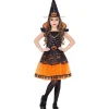 WIDMANN Déguisement Sorcière Orange Et Noir, Fille (robe Orange Et Noire, Motif Citrouille Et Chapeau) -Smiffys Soldes Boutique deguisement sorciere orange et noir fille robe orange et noire motif citrouille et chapeau