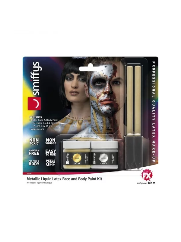 Smiffys Kit Latex Métallique Or Et Argent (1 X29,57 Ml, Maquillage Or Et Argent, 2 éponges) 4 Smiffys Kit Latex Métallique Or Et Argent (1 X29,57 Ml, Maquillage Or Et Argent, 2 éponges) – Image 2