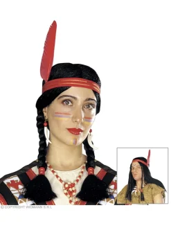 WIDMANN Perruque Noire D'indien Avec Deux Tresses Et Un Bandeau à Plume Rouge (mixte)
